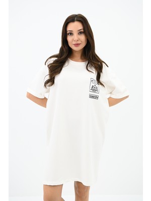 Koza Kadın Baskılı Oversize T-Shirt Elbise 5218-24