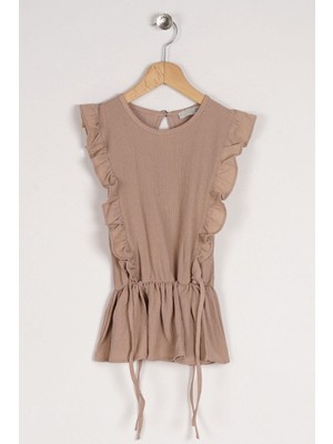 Bisiklet Yaka Fırfır Kol Kolları Fırfırlı Bel Lastık Detaylı Bej Renk Kız Çocuk Bluz