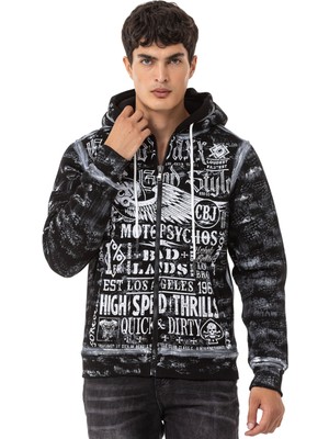 Cipo & Baxx CL544 Motorcu Tarzda Baskılı Erkek Zip Sweatshirt