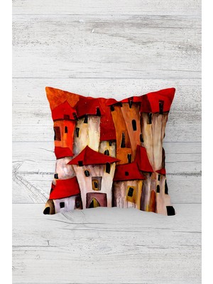 Pelangi Kübik Evler Sokaklı Çift Tarafı Baskılı Gizli Fermuarlı Yastık Kılıfı Kırlent Koltuk Yastık Kılıfı