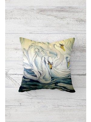 Pelangi Gölde Beyaz Kuğu Çift Tarafı Baskılı Gizli Fermuarlı Yastık Kılıfı Kırlent Koltuk Yastık Kılıfı