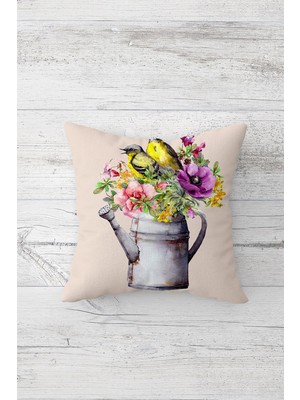 Pelangi Çiçek ve Kuş Desenli Çift Tarafı Baskılı Gizli Fermuarlı Yastık Kılıfı Kırlent Koltuk Yastık Kılıfı