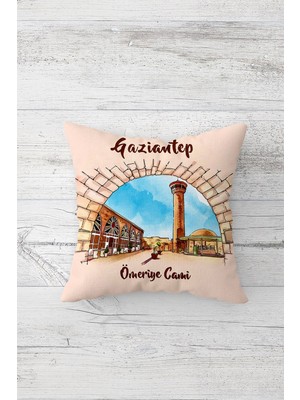 Pelangi Gaziantep Ömeriye Camii Çift Tarafı Baskı Gizli Fermuarlı Yastık Kılıfı Kırlent Koltuk Yastık Kılıfı