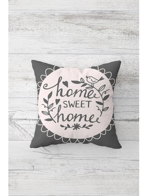 Pelangi Gri Kuşlu Home Sweet Home Çift Tarafı Baskılı Gizli Fermuarlı Dekoratif Kırlent Koltuk Yastık Kılıfı