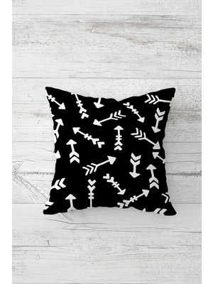 Pelangi Siyah Zeminde Beyaz Oklar Çift Tarafı Baskılı Gizli Fermuarlı Yastık Kılıfı Kırlent Yastık Kılıfı