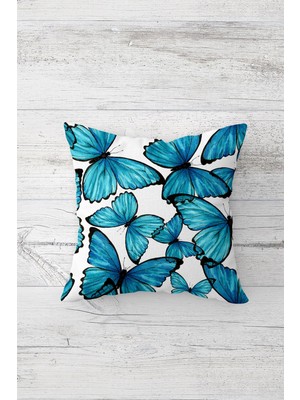 Pelangi Mavi Kelebekler Çift Tarafı Baskılı Gizli Fermuarlı Yastık Kılıfı Kırlent Koltuk Yastık Kılıfı