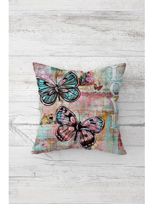 Pelangi Soft Renkli Love Yazılı Kelebekli Çift Tarafı Baskılı Gizli Fermuarlı Kırlent Koltuk Yastık Kılıfı