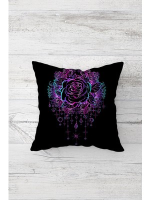 Pelangi Siyah Zemin Gül Desenli Çift Tarafı Baskılı Gizli Fermuar Yastık Kılıfı Kırlent Koltuk Yastık Kılıfı