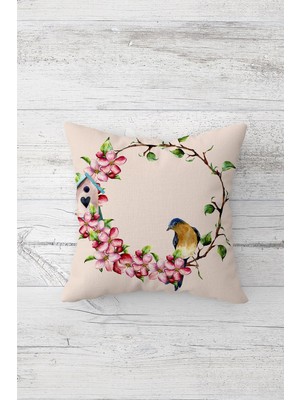 Pelangi Çiçek ve Kuş Desenli Çift Tarafı Baskılı Gizli Fermuarlı Yastık Kılıfı Kırlent Koltuk Yastık Kılıfı