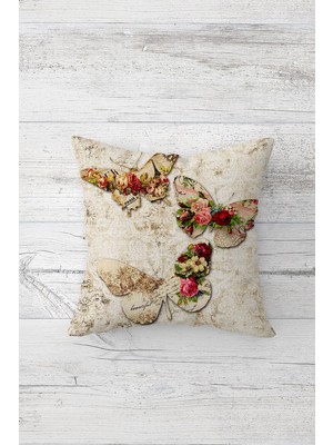 Pelangi Vintage Çiçekli Kelebekli Çift Tarafı Baskılı Gizli Fermuarlı Kırlent Koltuk Yastık Kılıfı