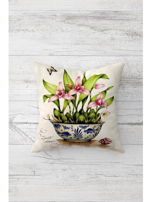 Pelangi Vazoda Çiçek Desenli Çift Tarafı Baskılı Gizli Fermuarlı Yastık Kılıfı Kırlent Koltuk Yastık Kılıfı