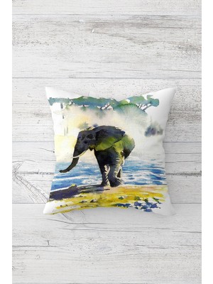 Pelangi Fil Desenli Çift Tarafı Baskılı Gizli Fermuarlı Yastık Kılıfı Kırlent Koltuk Yastık Kılıfı