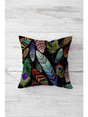 Pelangi Renkli Tüyler Desenli Çift Tarafı Baskılı Gizli Fermuarlı Yastık Kılıfı Kırlent Koltuk Yastık Kılıfı