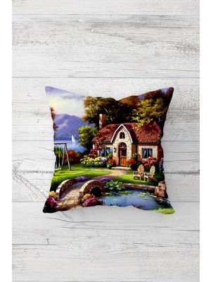 Pelangi Kırsal Manzara Çift Tarafı Baskılı Gizli Fermuarlı Yastık Kılıfı Kırlent Koltuk Yastık Kılıfı