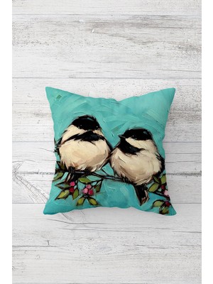 Pelangi Mavi Zemin Ağaçtaki Kumrular Çift Taraflı Gizli Fermuarlı Yastık Kılıfı Kırlent Koltuk Yastık Kılıfı