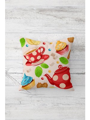 Pelangi Cupcake ve Çay Desenli Çift Tarafı Baskılı Gizli Fermuar Yastık Kılıfı Kırlent Koltuk Yastık Kılıfı