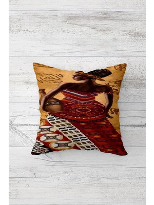 Pelangi Mozaik Etnik Siyahi Kadın Çift Tarafı Baskılı Gizli Fermuarlı Dekortif Kırlent Koltuk Yastık Kılıfı