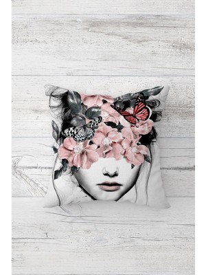 Pelangi Başı Çiçekli Kadın Çift Tarafı Baskılı Gizli Fermuarlı Yastık Kılıfı Kırlent Koltuk Yastık Kılıfı