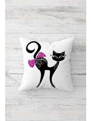 Pelangi Siyah Fiyonklu Kedili Çift Tarafı Baskılı Gizli Fermuarlı Yastık Kılıfı Kırlent Koltuk Yastık Kılıfı