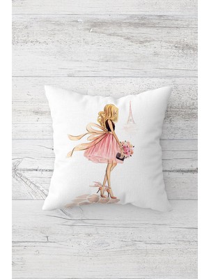 Pelangi Kız ve Eyfel Kulesi Çift Tarafı Baskılı Gizli Fermuarlı Yastık Kılıfı Kırlent Koltuk Yastık Kılıfı