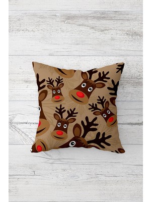 Pelangi Geyik Yılbaşı Desenli Çift Tarafı Baskılı Gizli Fermuarlı Yastık Kılıfı Kırlent Koltuk Yastık Kılıfı