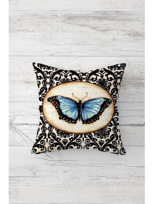 Pelangi Mavi Kelebekli Nakışlı Çerçeveli Çift Taraflı Gizli Fermuar Dekoratif Kırlent Koltuk Yastık Kılıfı