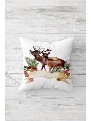 Pelangi Yılbaşı Temalı Geyik Çift Tarafı Baskılı Gizli Fermuarlı Yastık Kılıfı Kırlent Koltuk Yastık Kılıfı