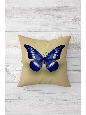 Pelangi Bej Zemin Lacivert Kelebek Çift Tarafı Baskılı Gizli Fermuarlı Yastık Kılıfı Kırlent Yastık Kılıfı