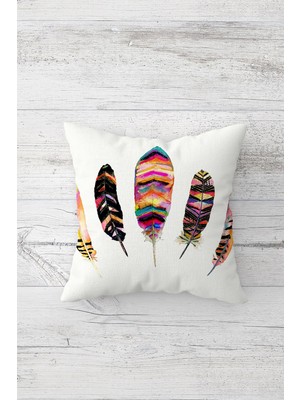 Pelangi Bohem Renkli Kuş Tüylü Çift Tarafı Baskı Gizli Fermuarlı Yastık Kılıfı Kırlent Koltuk Yastık Kılıfı