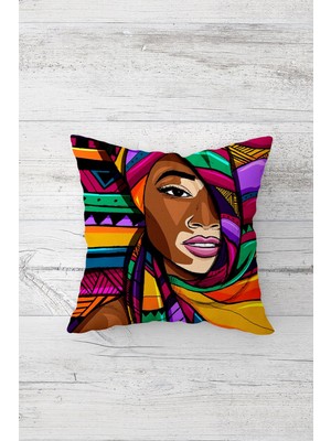 Pelangi Renk Bloklu Etnik Afrikalı Kadın Çift Tarafı Baskılı Gizli Fermuarlı Kırlent Koltuk Yastık Kılıfı