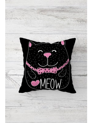 Pelangi Meow Yazılı Sevimli Kedi Çift Tarafı Baskılı Gizli Fermuarlı Kırlent Koltuk Yastık Kılıfı