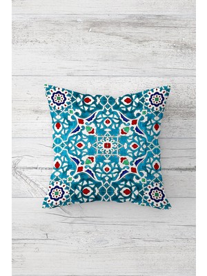 Pelangi Mavi Kırmızı Çini Desenli Çift Tarafı Baskılı Gizli Fermuarlı Dekoratif Kırlent Koltuk Yastık Kılıfı