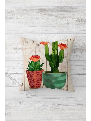 Pelangi Kaktüslü Sukulentli Çift Tarafı Baskılı Gizli Fermuarlı Yastık Kılıfı Kırlent Koltuk Yastık Kılıfı