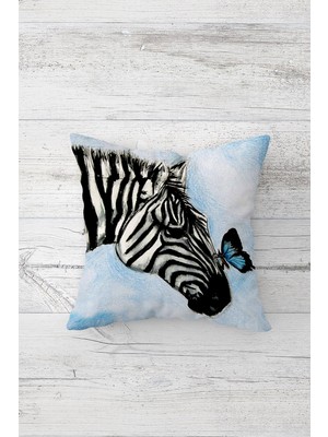 Pelangi Kelebekli Zebralı Çift Tarafı Baskılı Gizli Fermuarlı Yastık Kılıfı Kırlent Koltuk Yastık Kılıfı