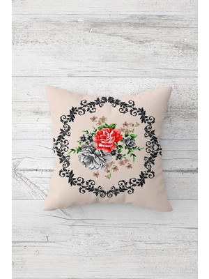 Pelangi Vintage Çember Içinde Gül Buketi Çift Tarafı Baskılı Gizli Fermuarlı Kırlent Koltuk Yastık Kılıfı