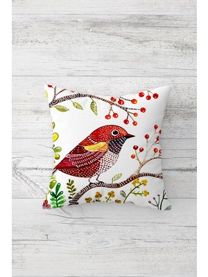 Pelangi Bahar Dalında Kırmızı Kuşlu Çift Tarafı Baskılı Gizli Fermuar Dekoratif Kırlent Koltuk Yastık Kılıfı