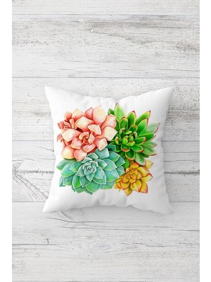 Pelangi Renkli Sukulentli Çift Tarafı Baskılı Gizli Fermuarlı Yastık Kılıfı Kırlent Koltuk Yastık Kılıfı