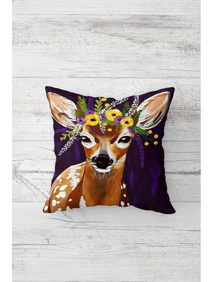 Pelangi Çiçekli Ceylan Çift Tarafı Baskılı Gizli Fermuarlı Yastık Kılıfı Kırlent Koltuk Yastık Kılıfı