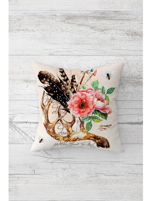 Pelangi Pembe Çiçekler Desenli Çift Tarafı Baskı Gizli Fermuarlı Yastık Kılıfı Kırlent Koltuk Yastık Kılıfı