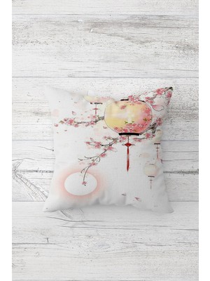 Pelangi Japon Sakura Çiçekli Fenerli Çift Tarafı Baskılı Gizli Fermuarlı Kırlent Koltuk Yastık Kılıfı