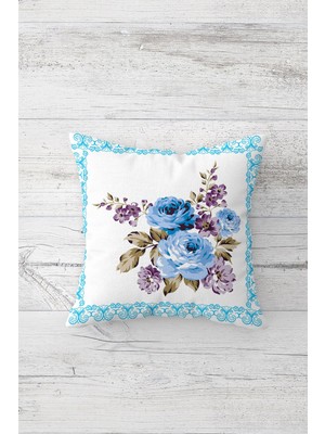 Pelangi Mavi Gül Desenli Çift Tarafı Baskılı Gizli Fermuarlı Yastık Kılıfı Kırlent Koltuk Yastık Kılıfı