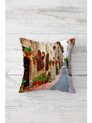 Pelangi Çiçekli Sokak Desenli Çift Tarafı Baskılı Gizli Fermuarlı Yastık Kılıfı Kırlent Koltuk Yastık Kılıfı