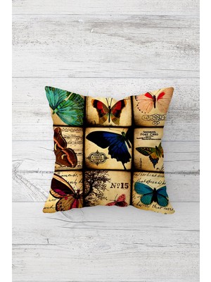 Pelangi Vintage Kelebekler Çift Tarafı Baskılı Gizli Fermuarlı Yastık Kılıfı Kırlent Koltuk Yastık Kılıfı