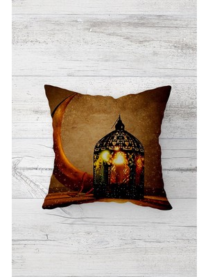 Pelangi Ramazan Feneri Ay Desenli Çift Tarafı Baskılı Gizli Fermuarlı Yastık Kılıfı Kırlent Yastık Kılıfı