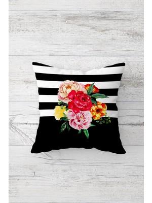 Pelangi Ziyah Beyaz Çizgi Üzeri Çiçekler Çift Tarafı Baskılı Gizli Fermuar Kırlent Koltuk Yastık Kılıfı