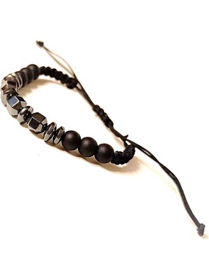 Doğal Taş Bileklik Kolye Hematit -Oniks Makrome Örgü Kombin-1 Doğal Taş Bileklik