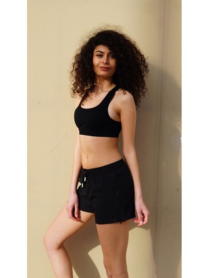Miami Beach Kadın Siyah Düz Renk Iki Yan Fermuarlı Mini Boy Mayo Deniz Şortu
