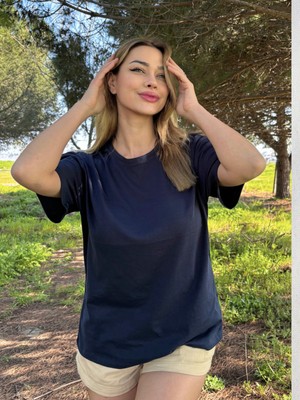 Kadın Baskısız Basic Pamuklu Oversize Tişört
