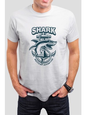 T-35 Shark Köpek Balığı Baskılı Beyaz Unisex Tişört C322