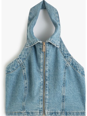 Koton Halter Yaka Denim Crop Top Fermuarlı Sırt Dekolteli Slim Fit